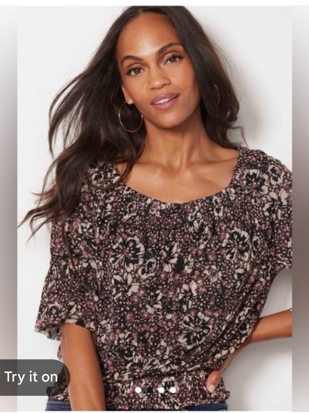 Evereve Arya Floral Mesh Top Smocked Short 
Bell Sleeve Sheer Flowy Shirt Blouse